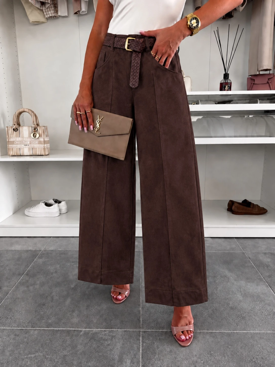 Pantalon large  en suédine avec ceinture tressée