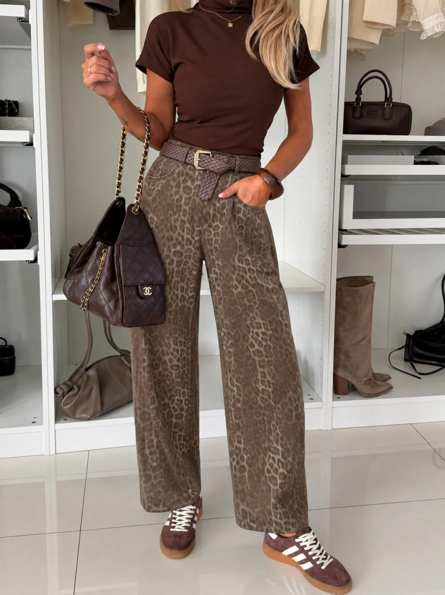 Pantalon en léopard avec ceinture et poches taille élastique