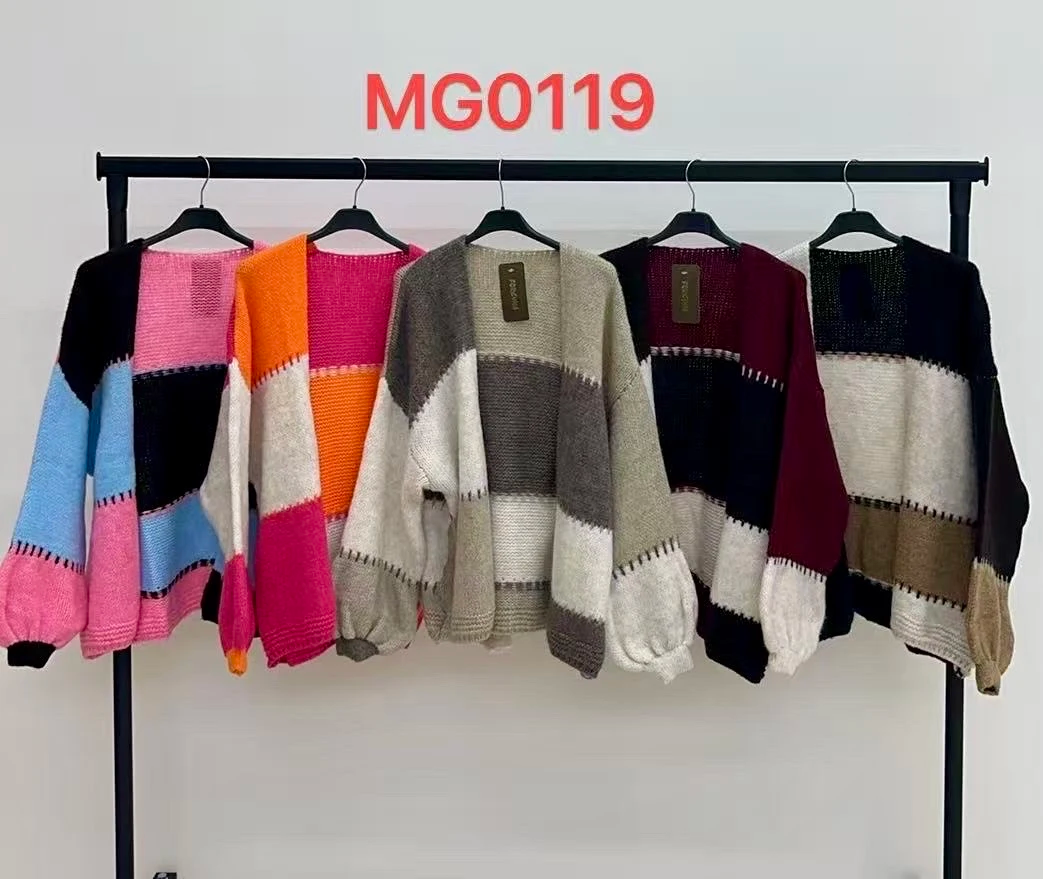 Gilet ouvert en maille tricolore à manches bouffantes 2