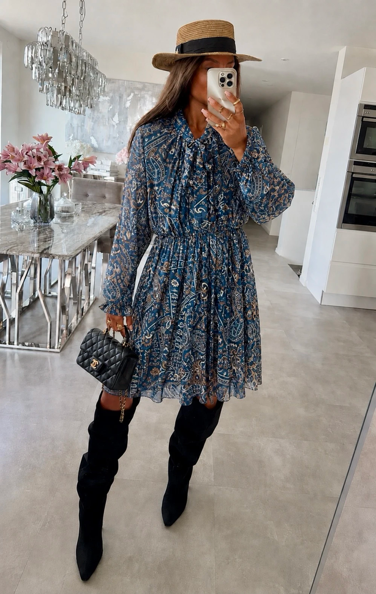 Robe col lavallière imprimé taille élastique