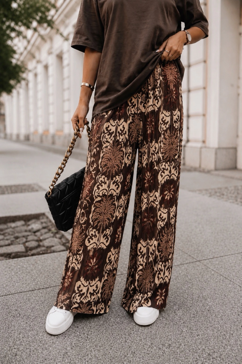 Pantalon large plissé imprimé doublure viscose