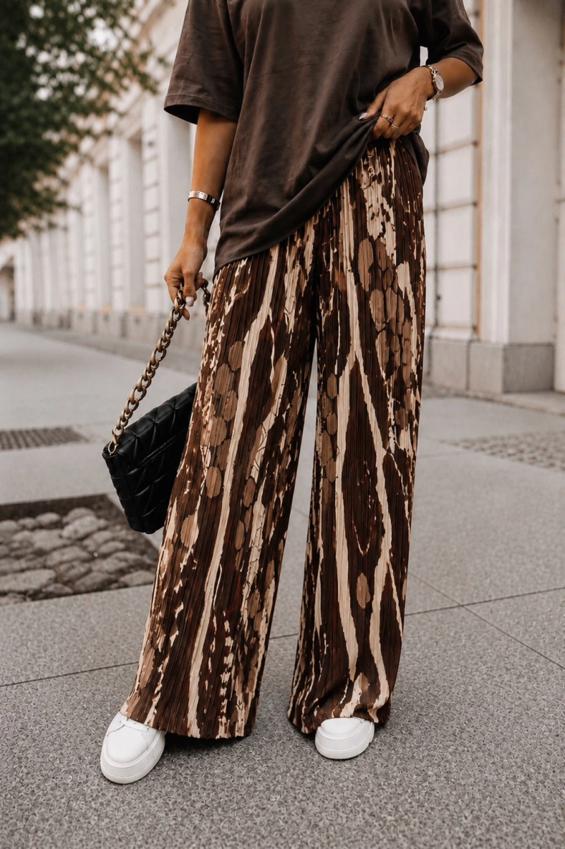 Pantalon large plissé imprimé doublure viscose