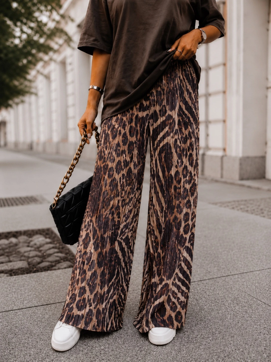 Pantalon large plissé imprimé doublure viscose
