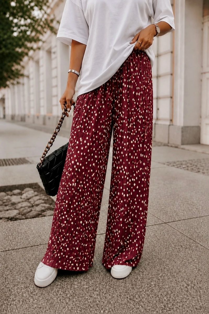 Pantalon large plissé imprimé pois doublure viscose