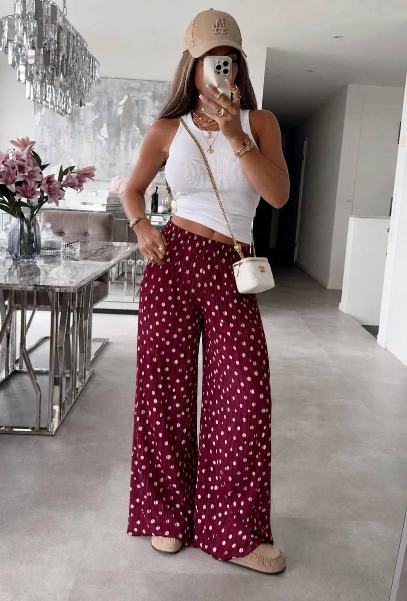 Pantalon large plissé imprimé pois doublure viscose