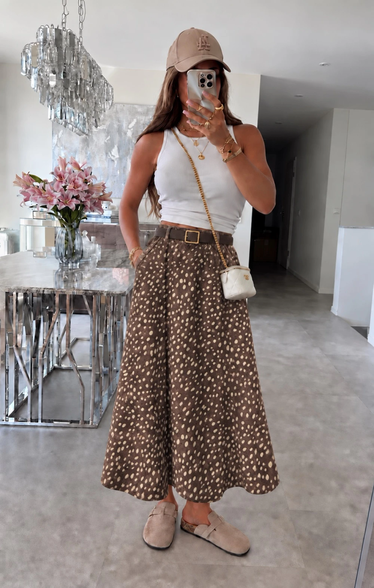 Jupe en suédine avec ceinture taille élastique imprimé biche