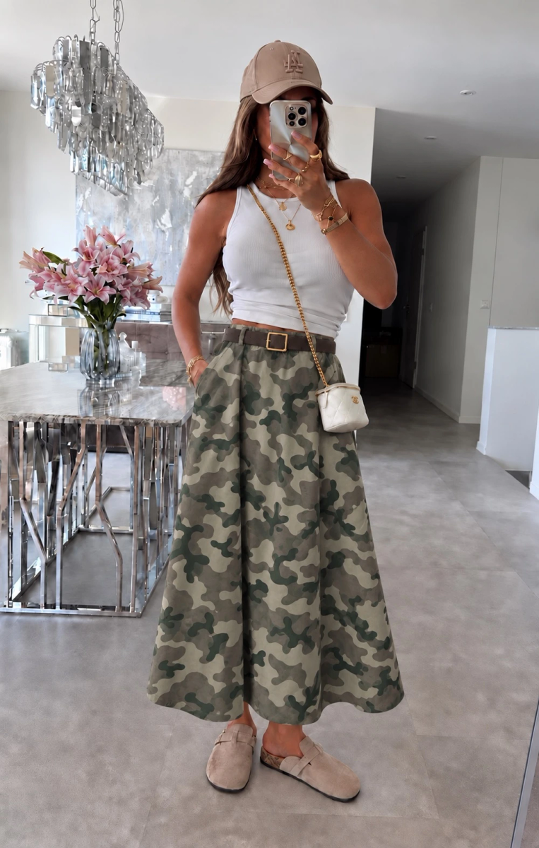 Jupe en suédine avec ceinture taille élastique imprimé biche