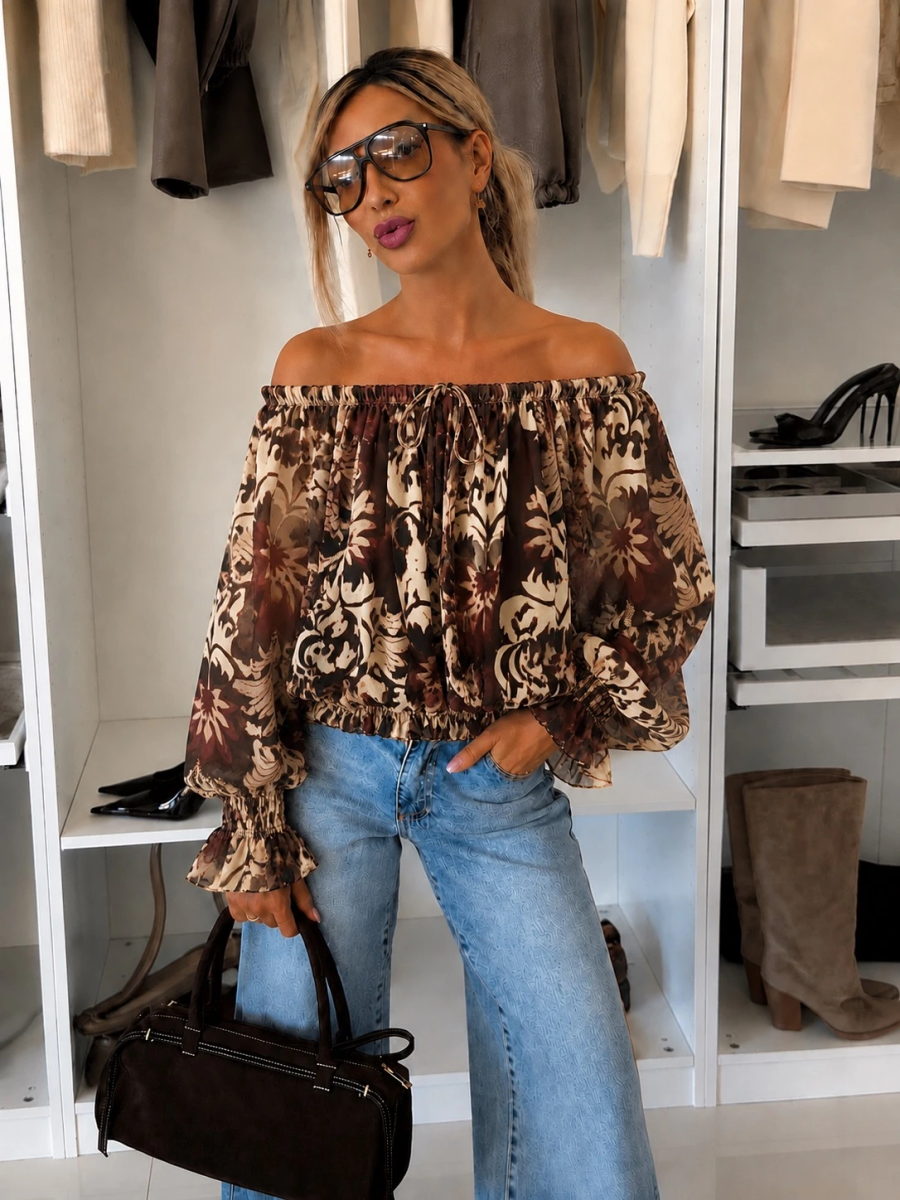 Blouse imprimé épaulées dénudées doublure viscose