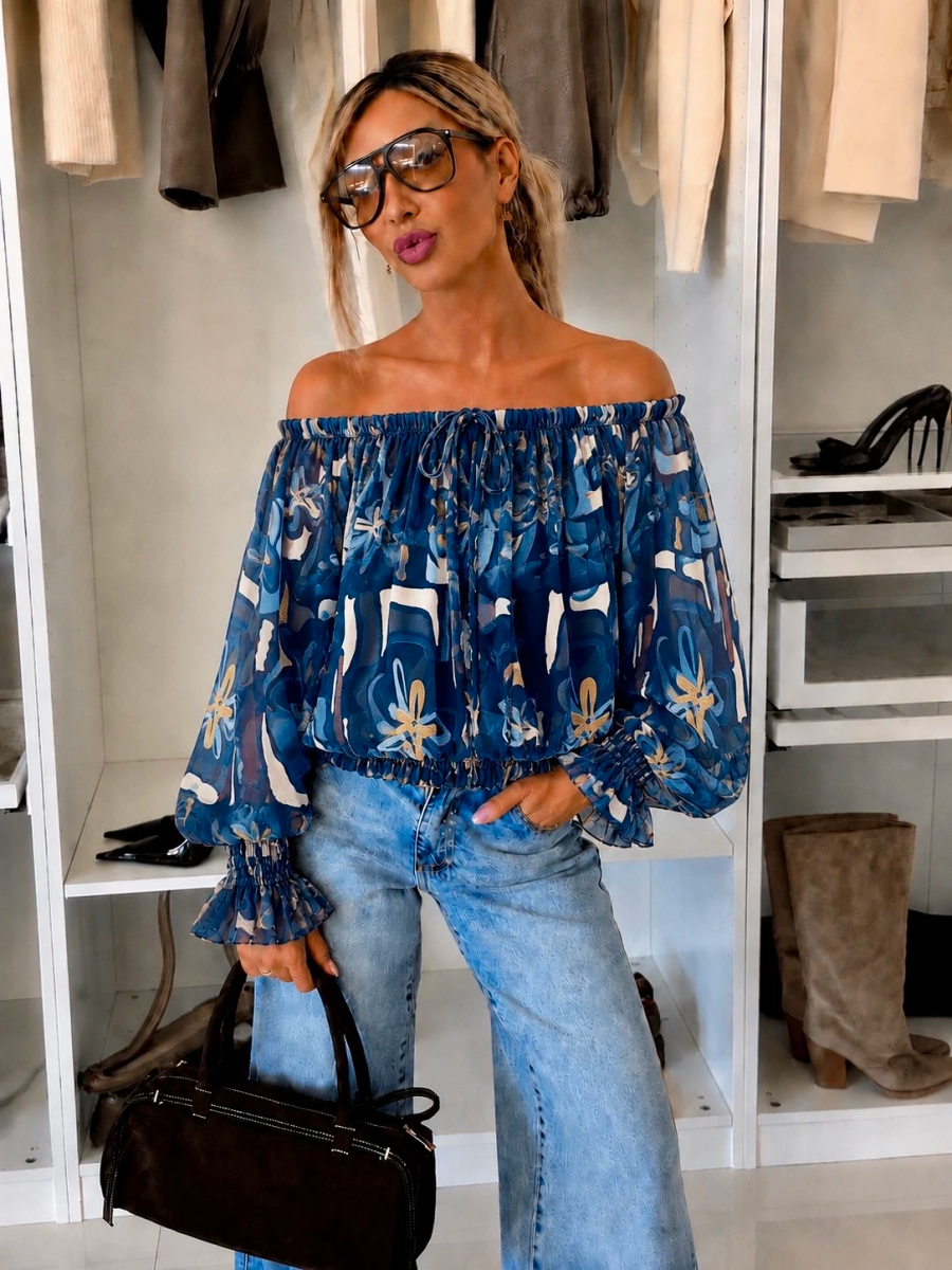Blouse imprimé épaulées dénudées doublure viscose