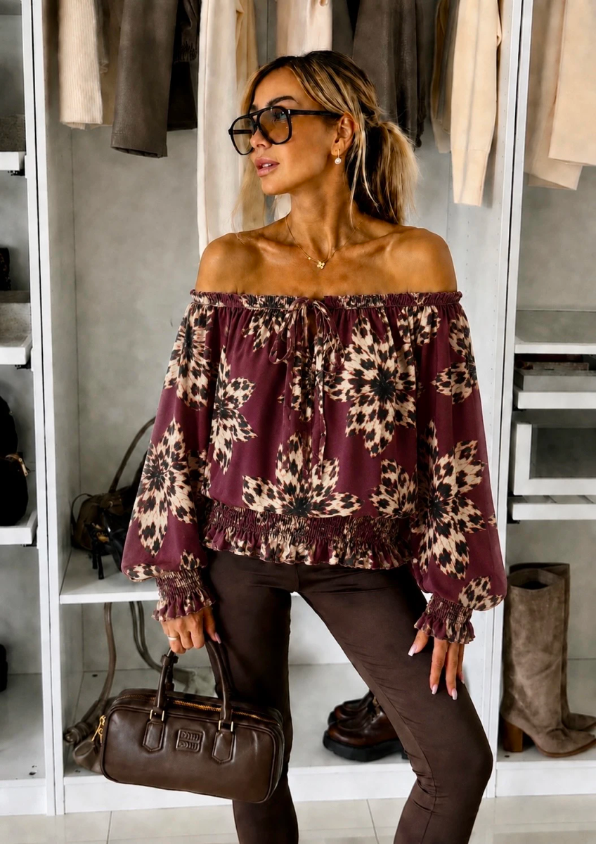 Blouse imprimé épaulées dénudées doublure viscose