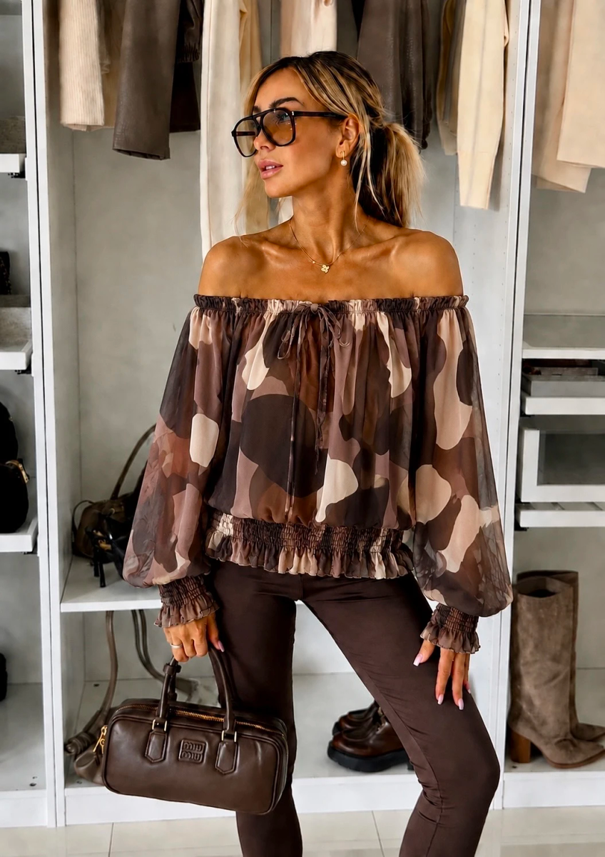 Blouse imprimé épaulées dénudées doublure viscose