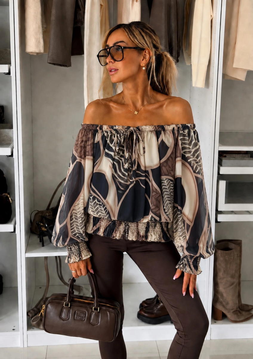 Blouse imprimé épaulées dénudées doublure viscose