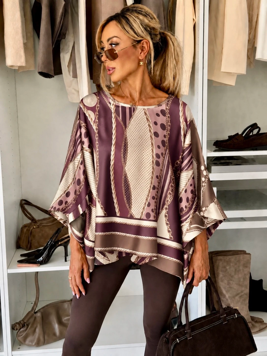 Blouse satinée oversize à imprimé foulard chaînes et pois