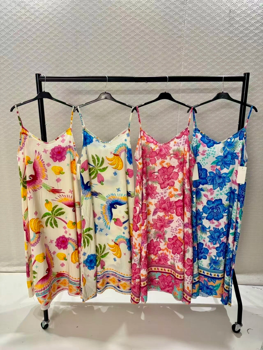 Long summer dress loose fit, thin straps, colorful floral print 2