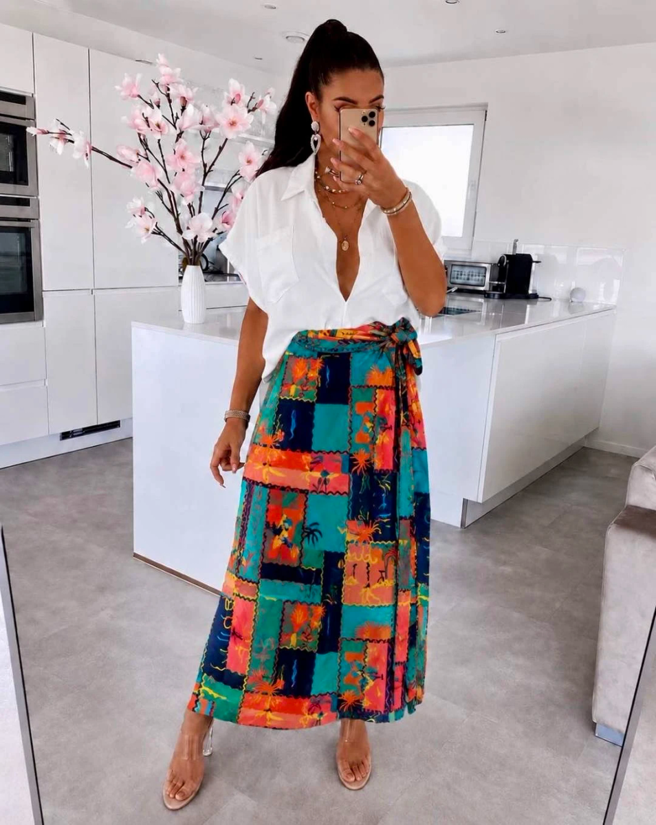 Jupe Longue Portefeuille Imprimé  – Taille Nouée – Coupe Fluide