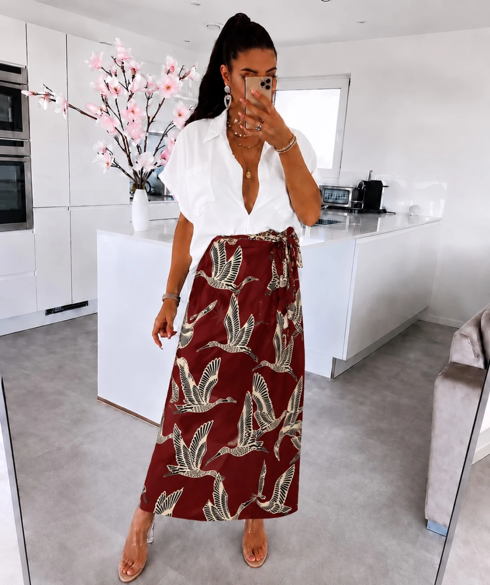 Jupe Longue Portefeuille Imprimé  – Taille Nouée – Coupe Fluide