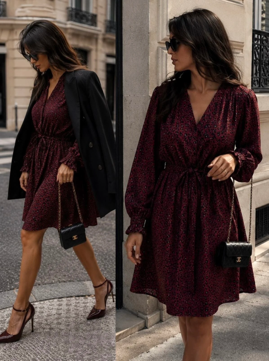 Robe col V boutonnés à manches longues imprimé