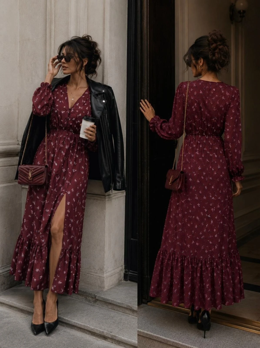 Robe longue col V imprimé avec fente taille élastique