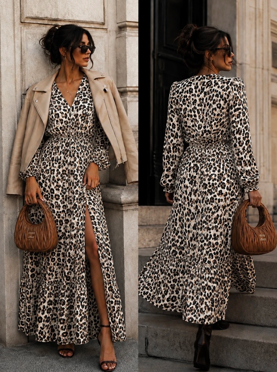 Robe longue col V imprimé avec fente taille élastique