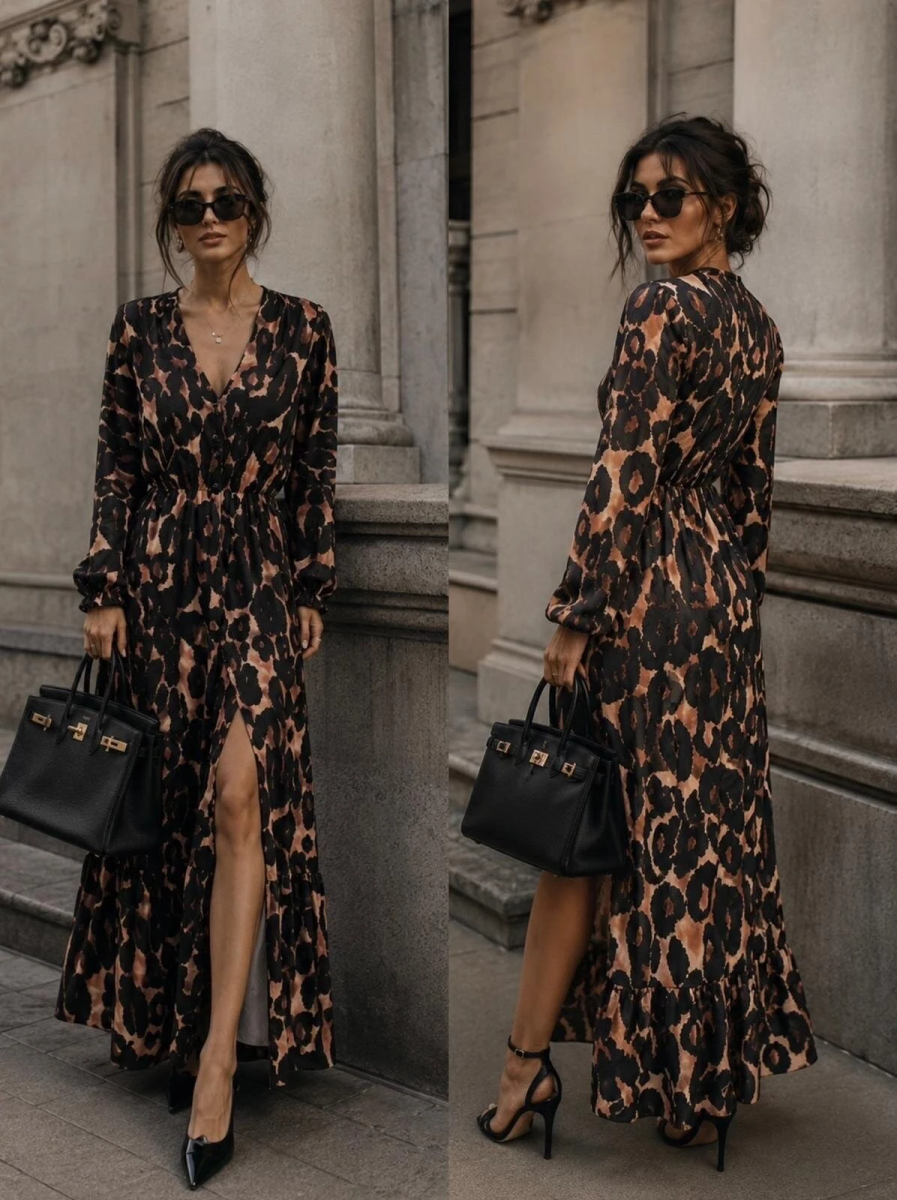 Robe longue col V imprimé avec fente taille élastique