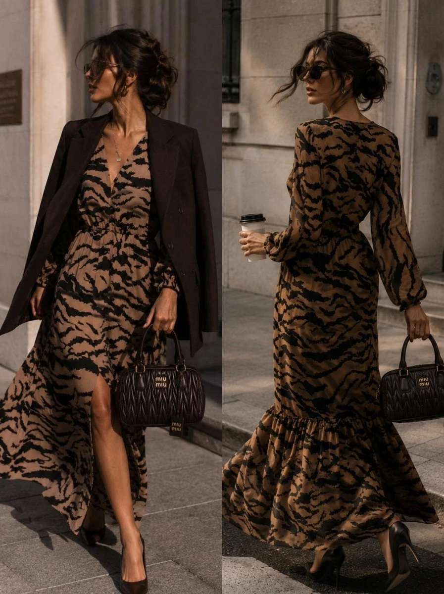 Robe longue col V imprimé avec fente taille élastique