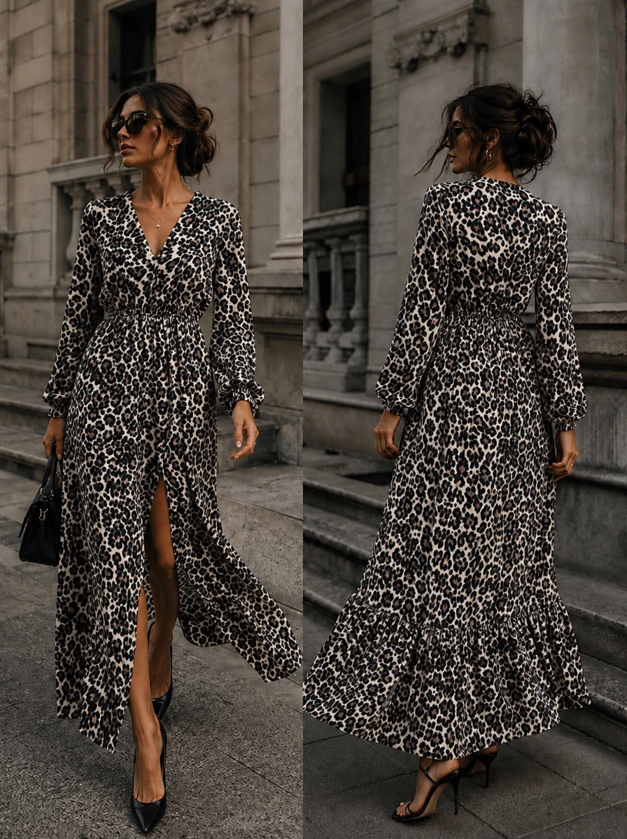Robe longue col V imprimé avec fente taille élastique