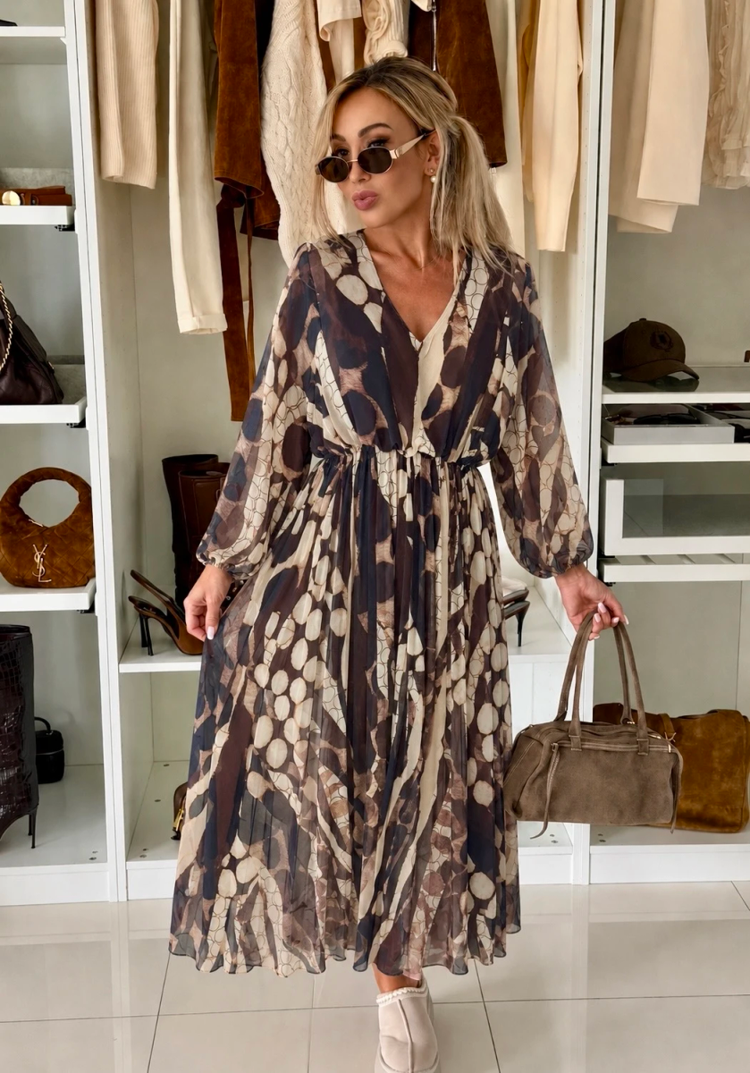 Robe longue plissée imprimée à col V et taille élastiquée