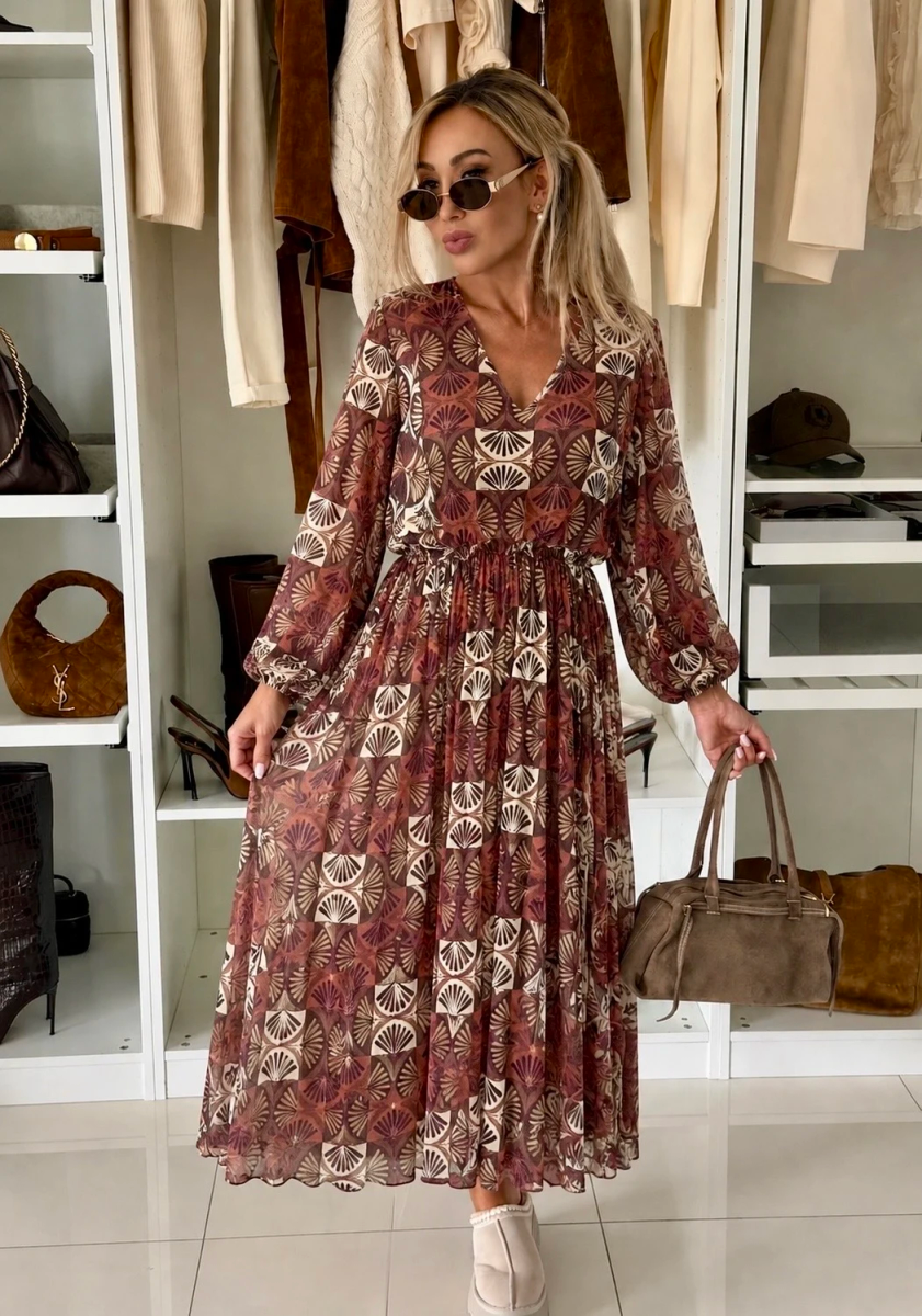 Robe longue plissée imprimée à col V et taille élastiquée