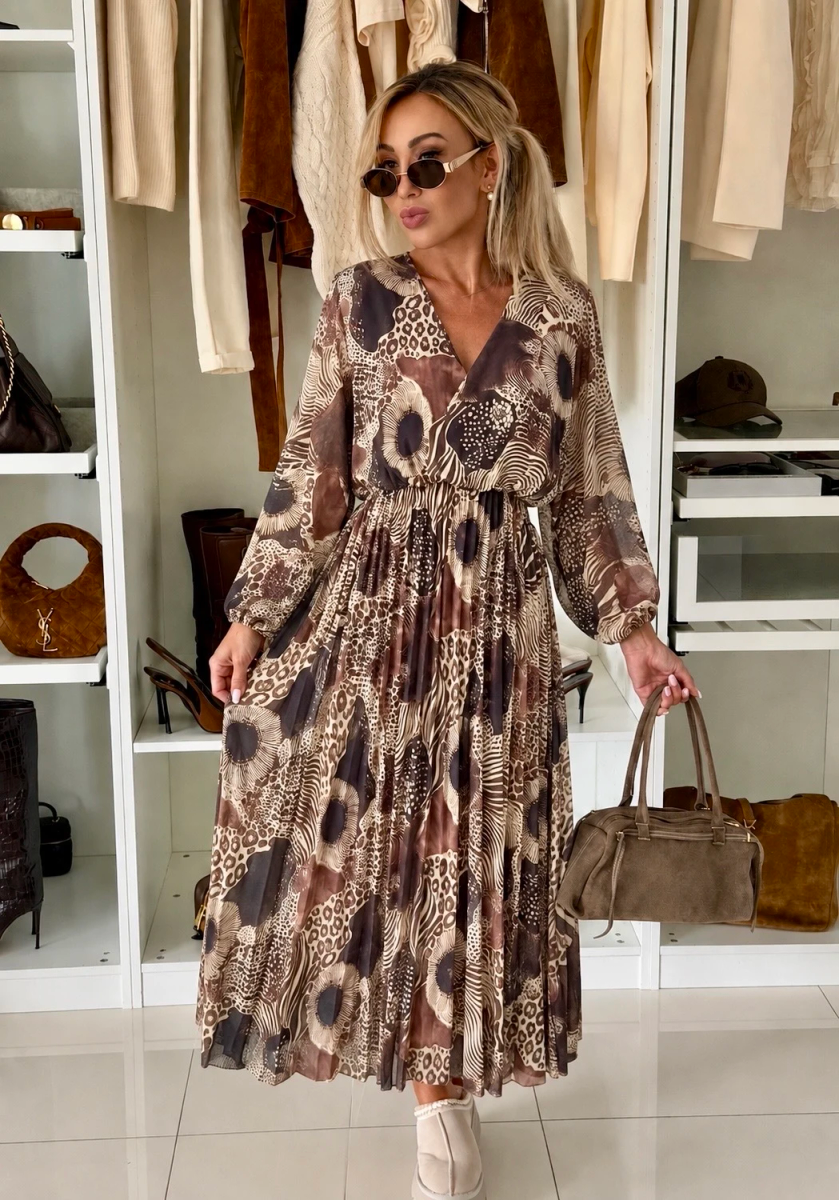 Robe longue plissée imprimée à col V et taille élastiquée