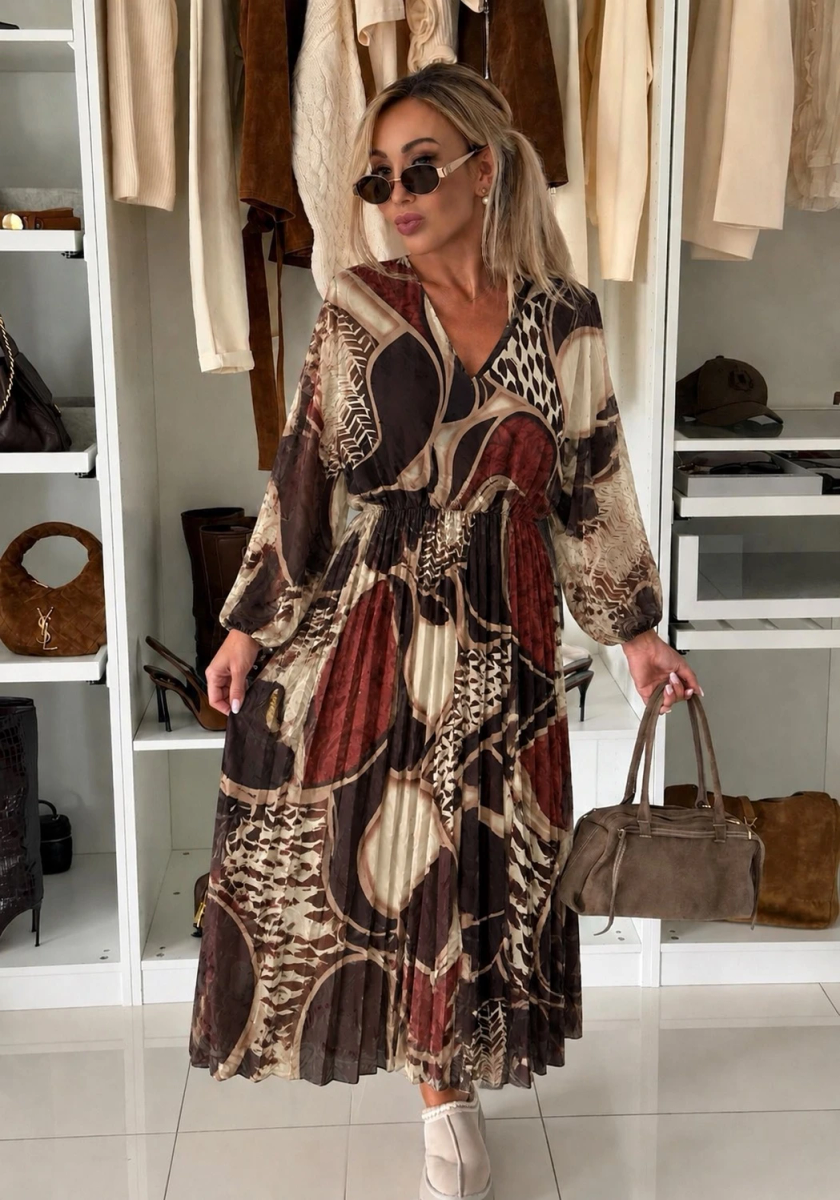 Robe longue plissée imprimée à col V et taille élastiquée