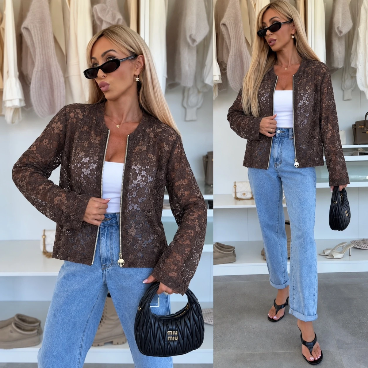 Veste bomber en dentelle zippée