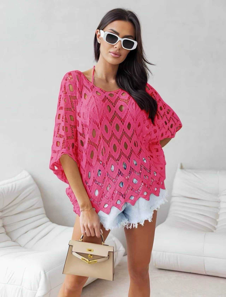 Top Poncho Bohème en Dentelle Ajourée