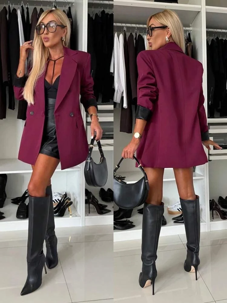 Veste blazer à revers similicuir Oversize avec doublure