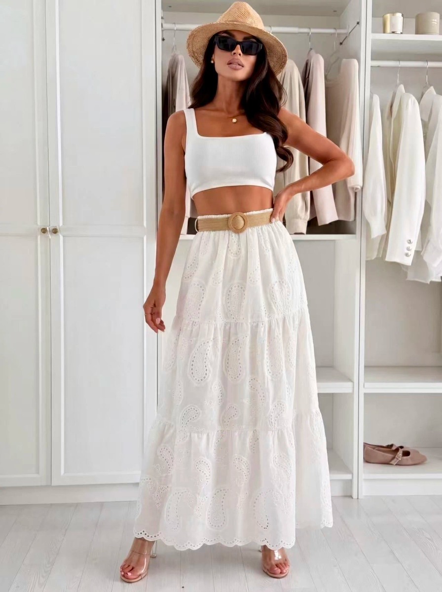 Jupe bohème broderie à motif avec ceinture raphia taille élastique