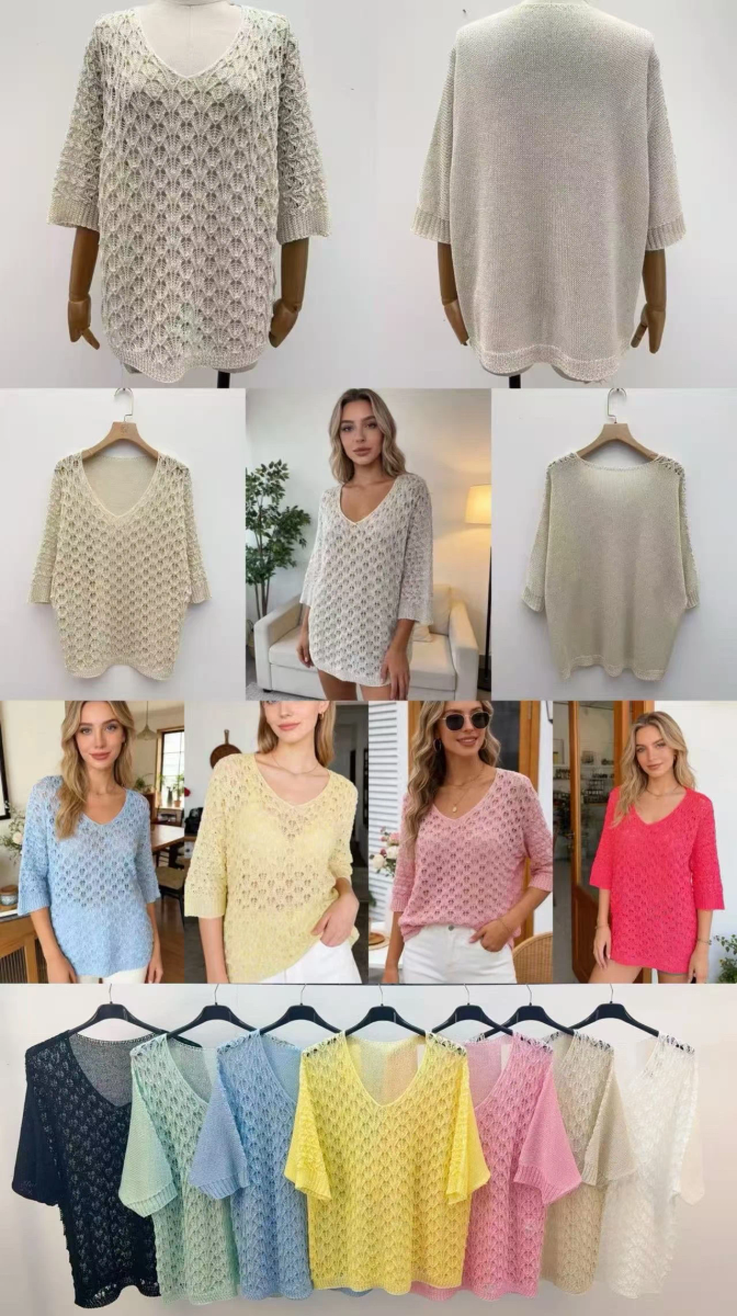 Pull maille ajourée col V manches 3/4 2
