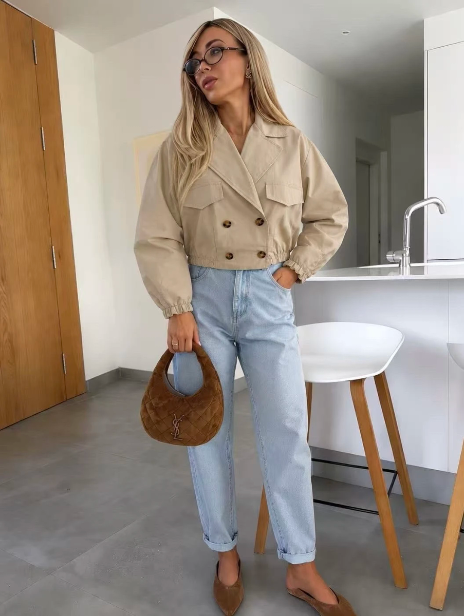 Veste Trench Courte Beige à Double Boutonnage