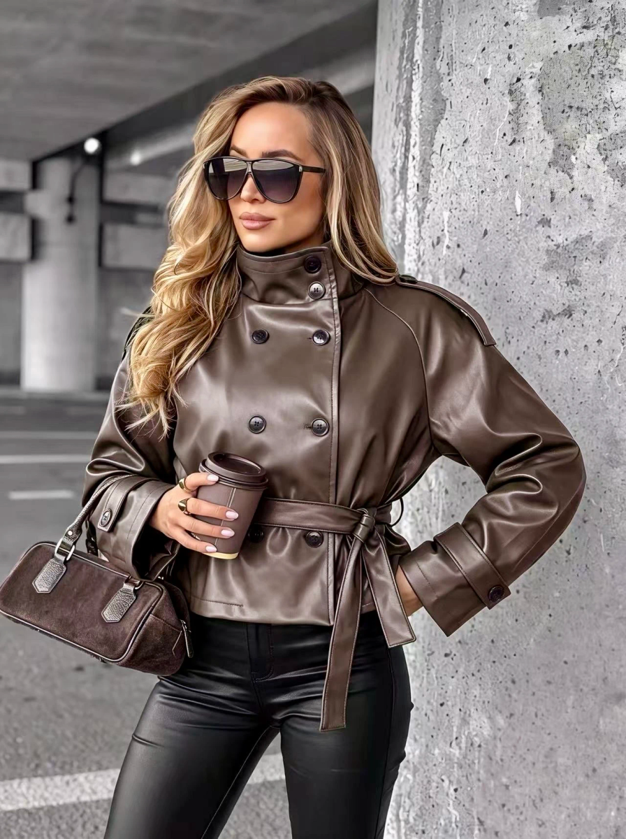 Veste en simili cuir à double boutonnage et ceinture nouée
