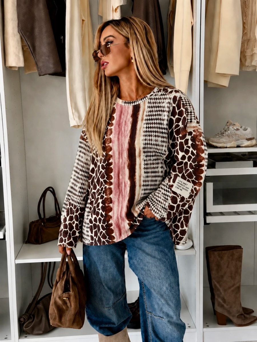 Pull oversize imprimé patchwork à manches longues