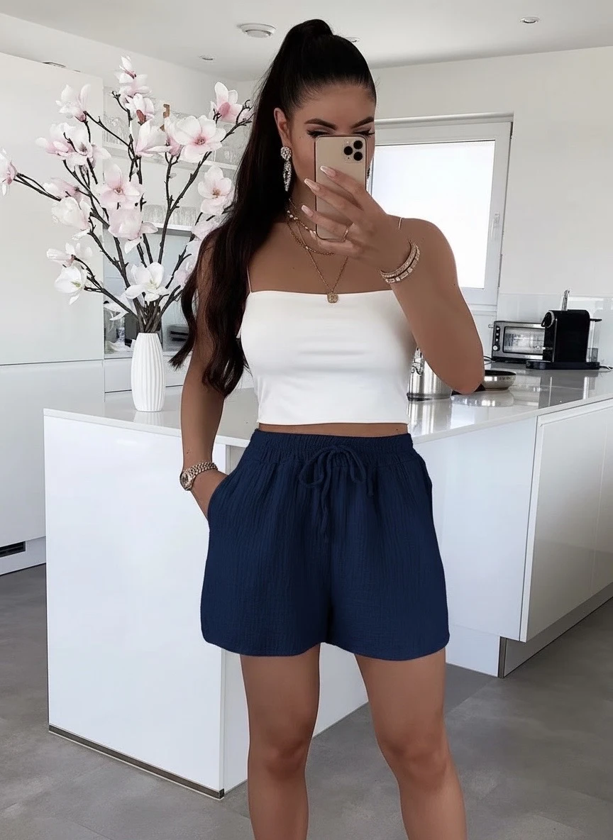 Short en gaze de coton taille élastique avec poches
