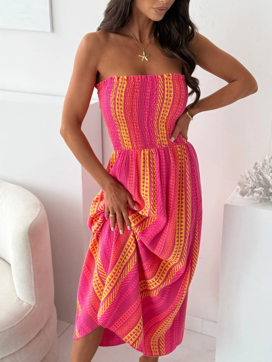 Bohemian printed cotton gauze strapless dress 2