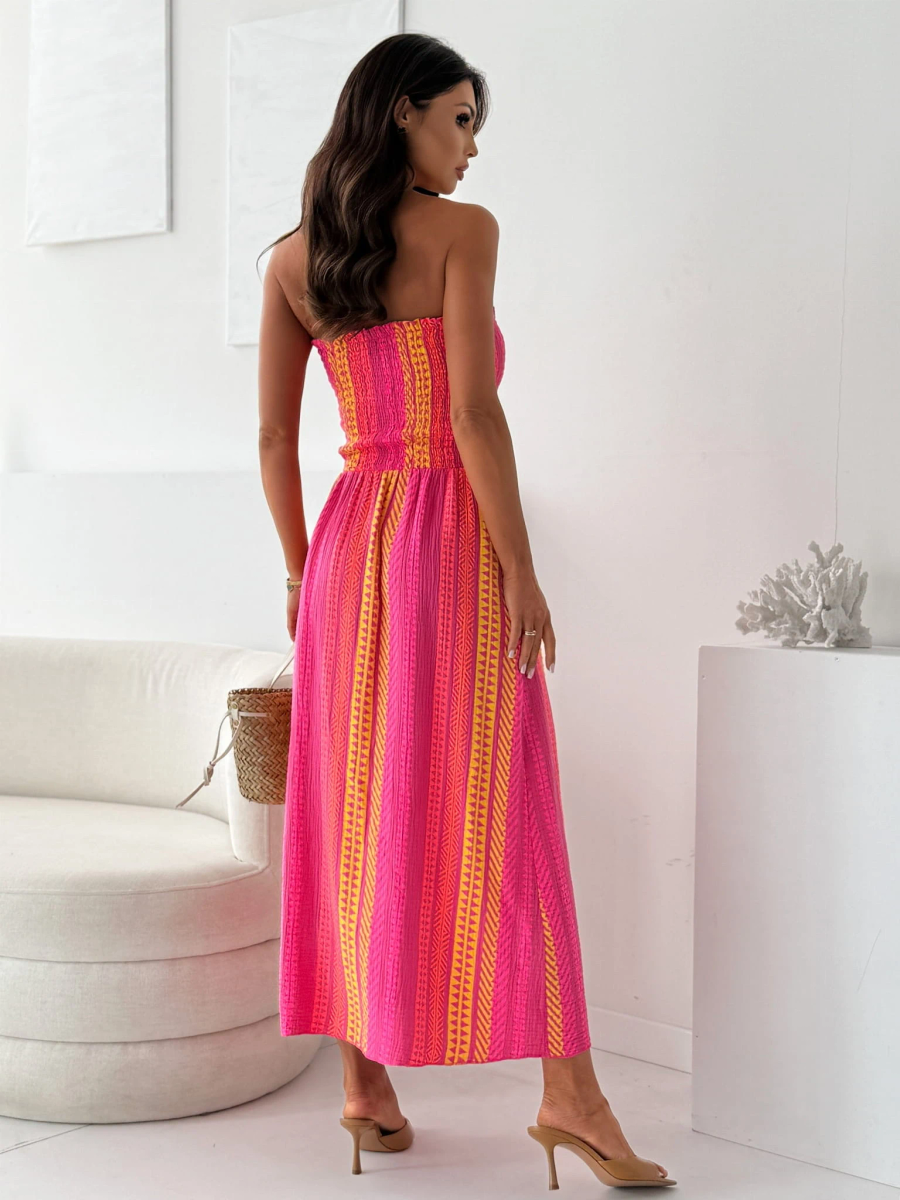 Bohemian printed cotton gauze strapless dress 3