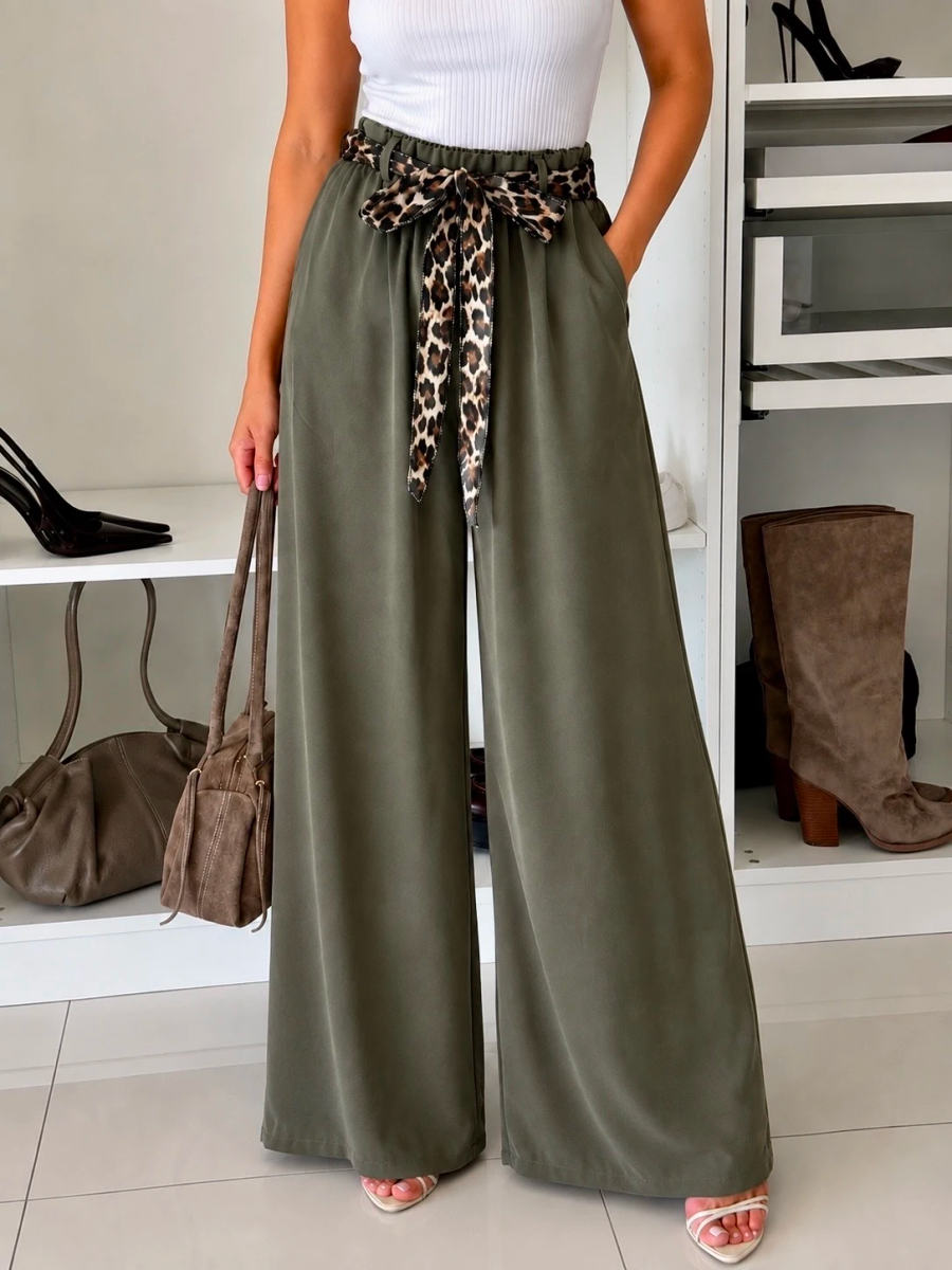 Pantalon Large Ceinture Léopard taille élastique