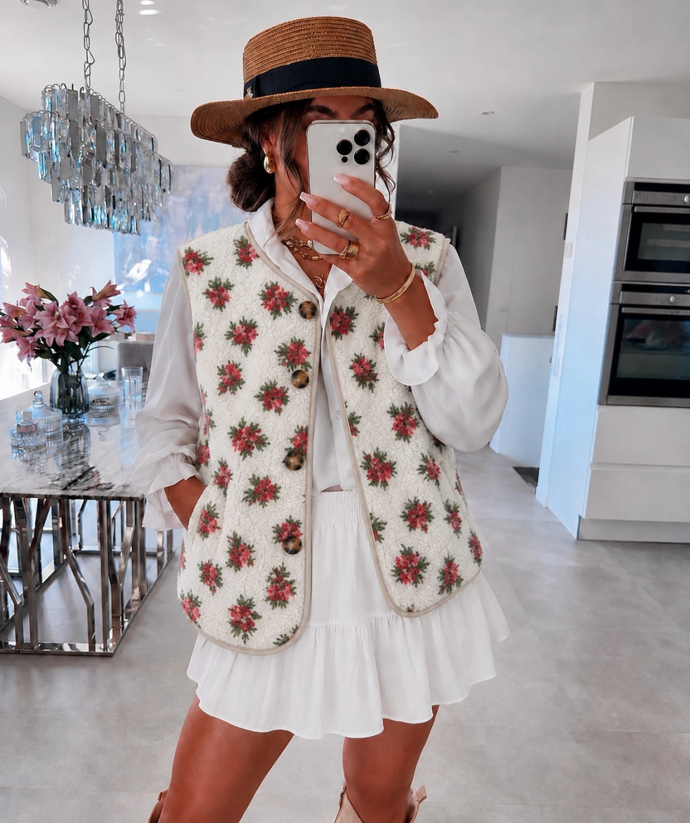 Gilet Teddy avec poches motifs fleuris