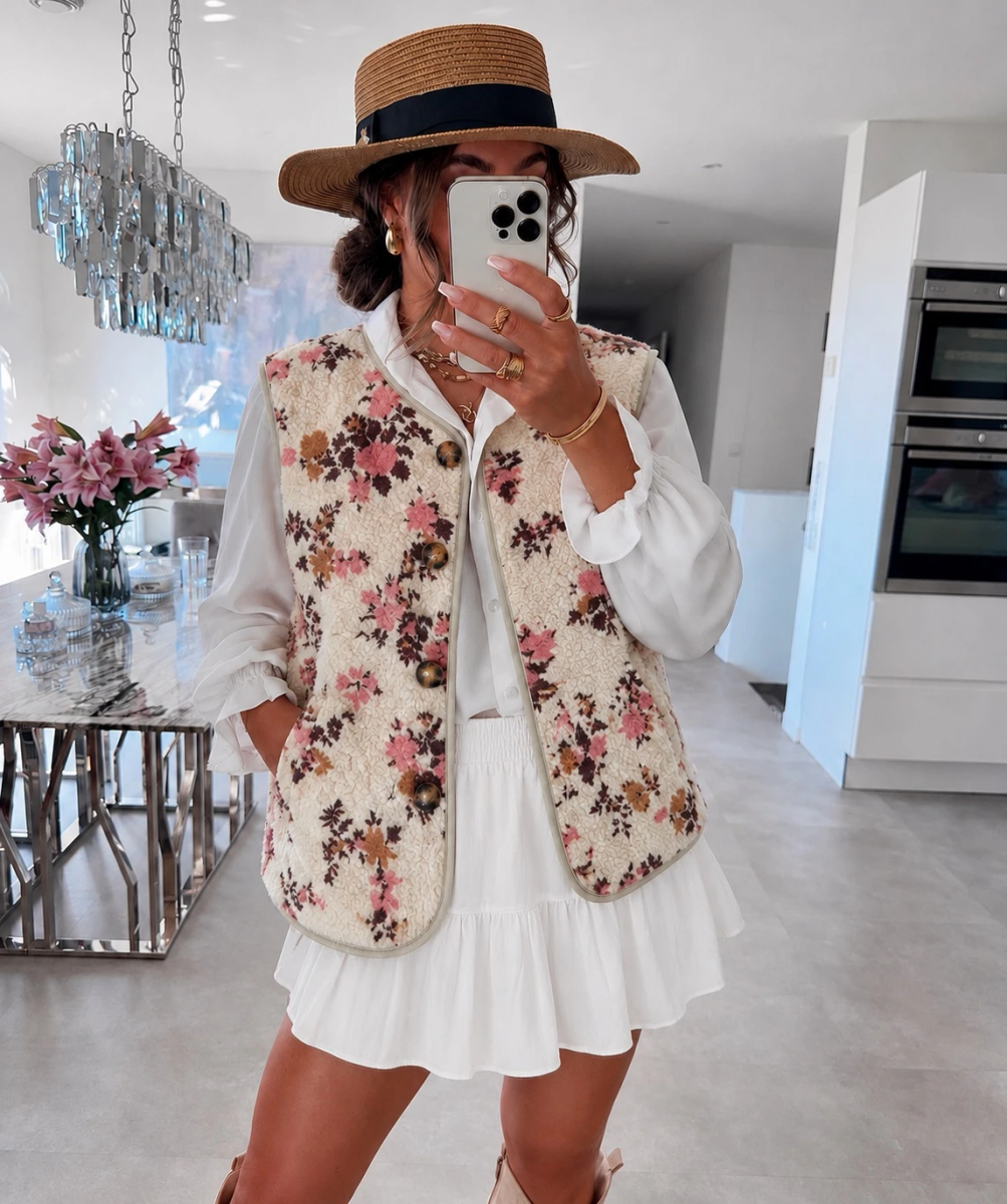 Gilet Teddy avec poches motifs fleuris
