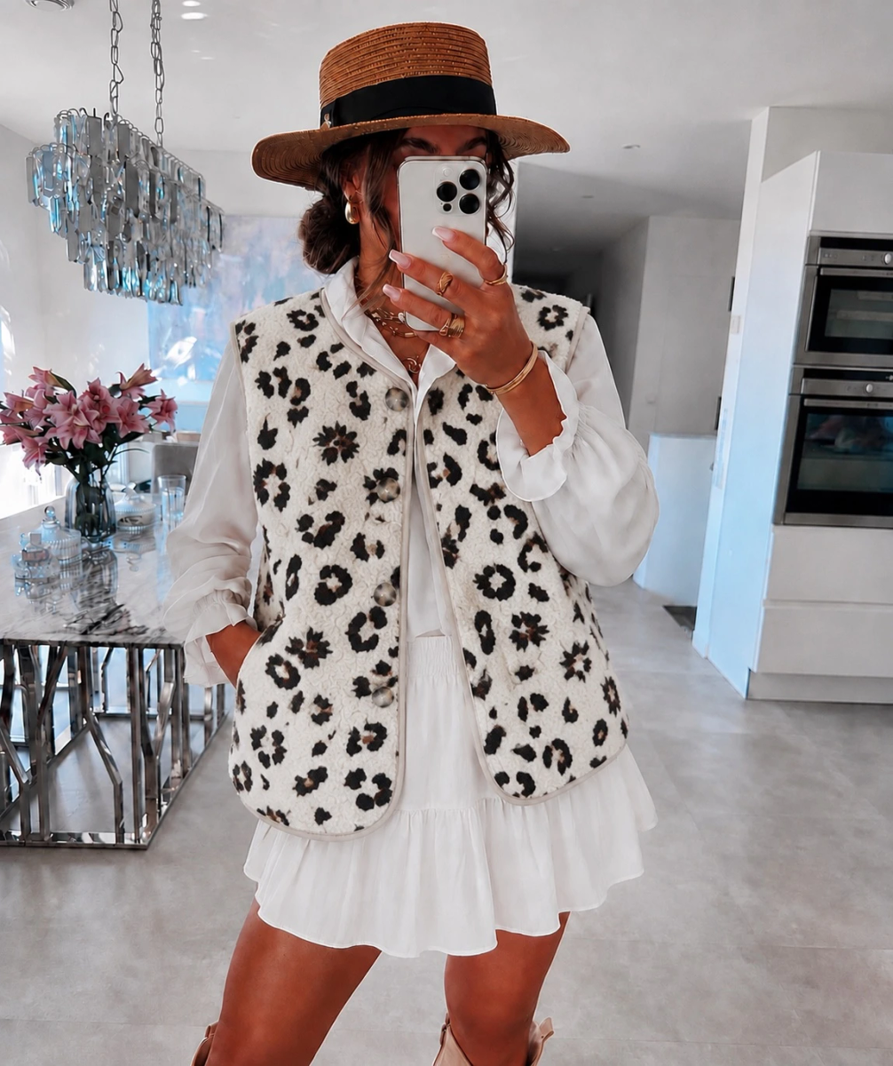 Gilet Teddy avec poches motifs léopard