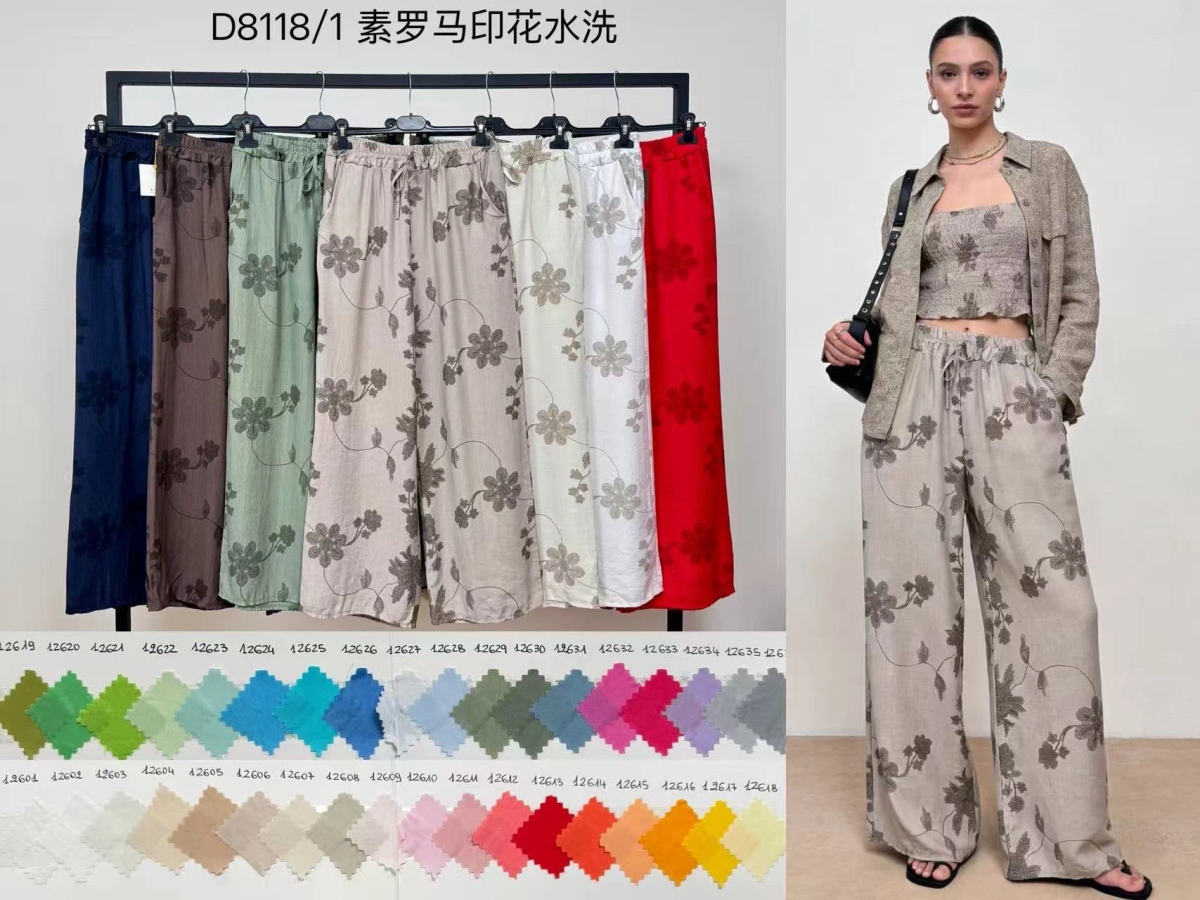 Wide floral elastic waist pants with drawstring 3