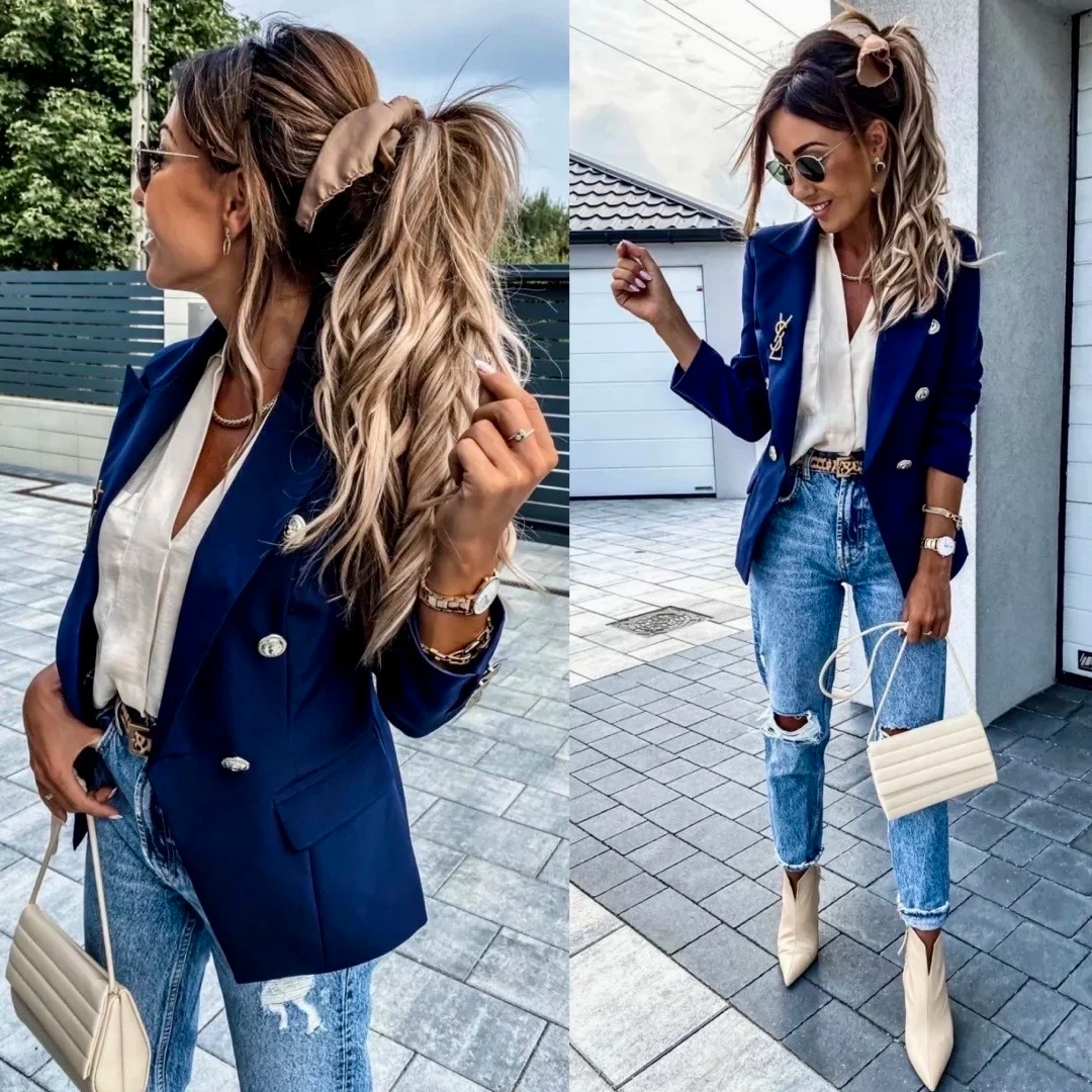 Veste blazer croisé à boutons dorés avec doublure