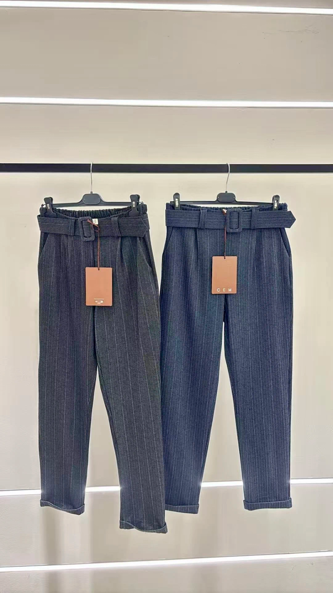 Black belted high-waisted pants with thin stripes 2