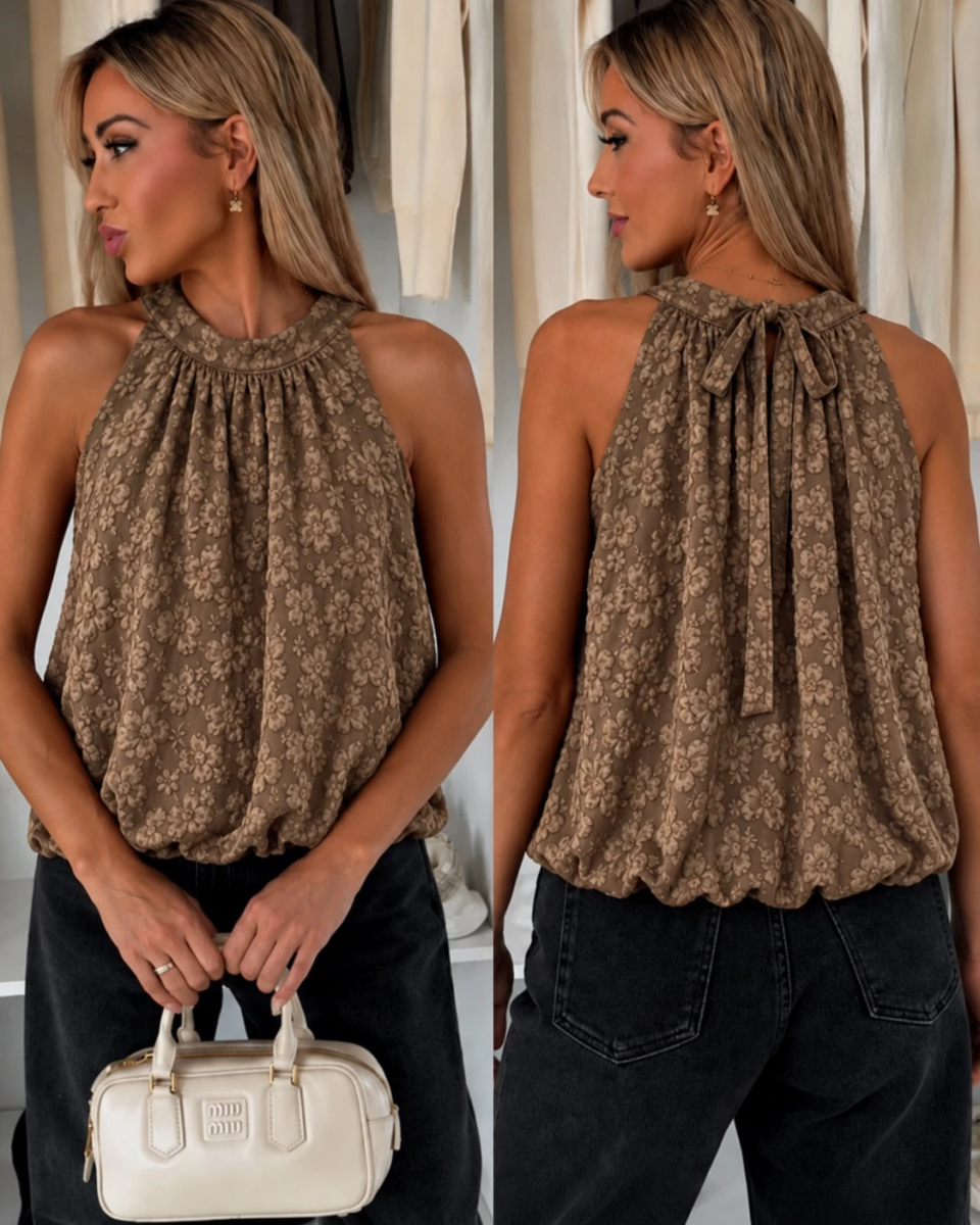 Top sans manches en jacquard floral relief – Dos noué et bas élastiqué