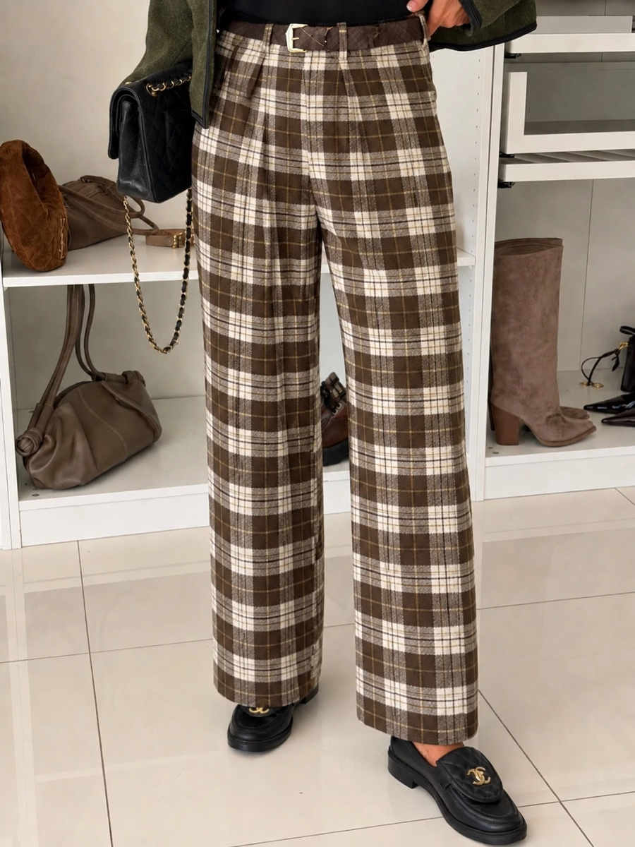 Pantalon large à carreaux avec ceinture effet flanelle
